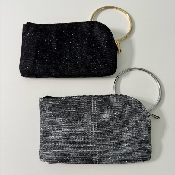 Handbags - Black and Silver Wristlet Set with Metallic Ring Wrist Handles